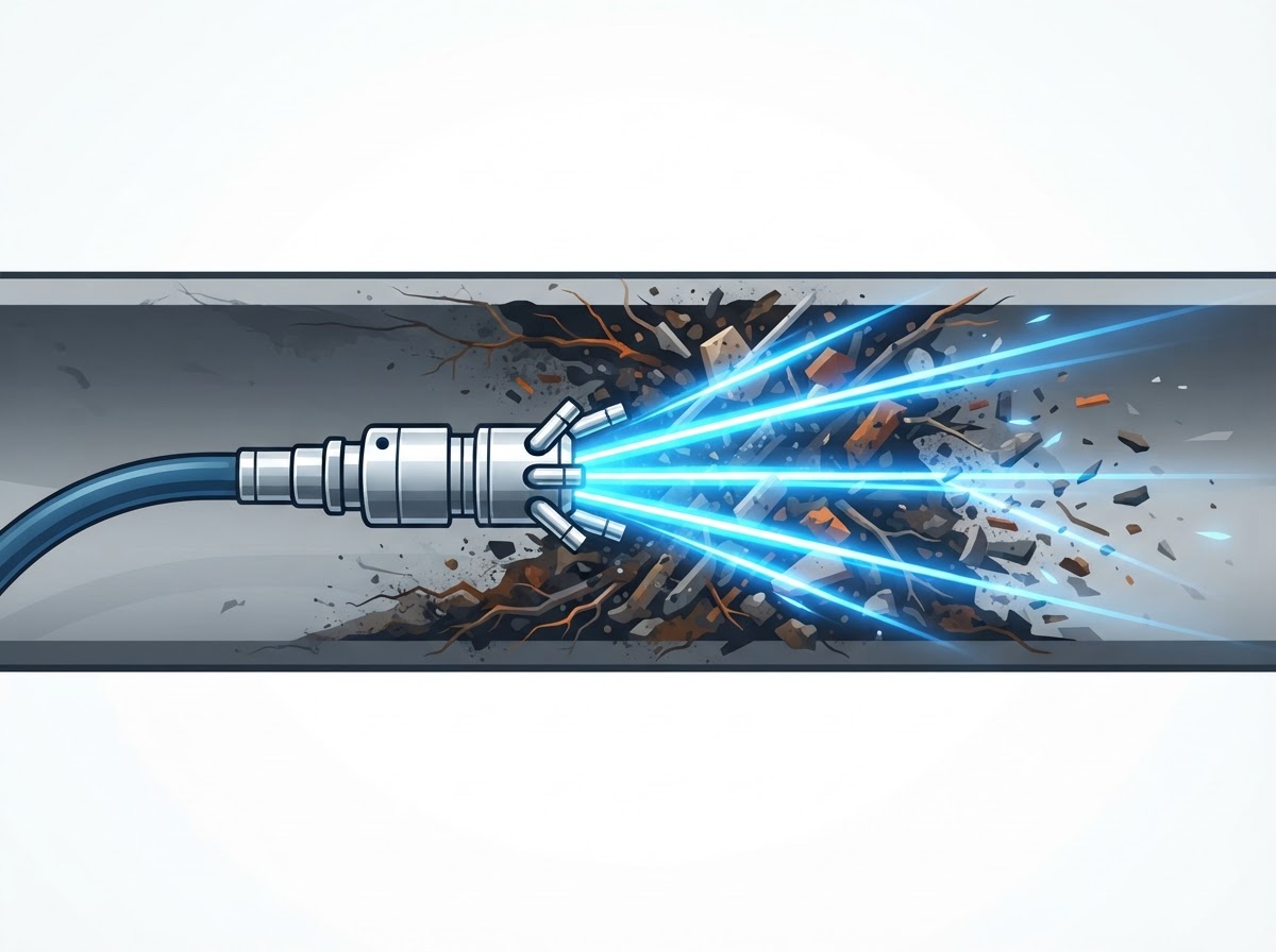 Illustration of a jet nozzle clearing buildup from a drain line